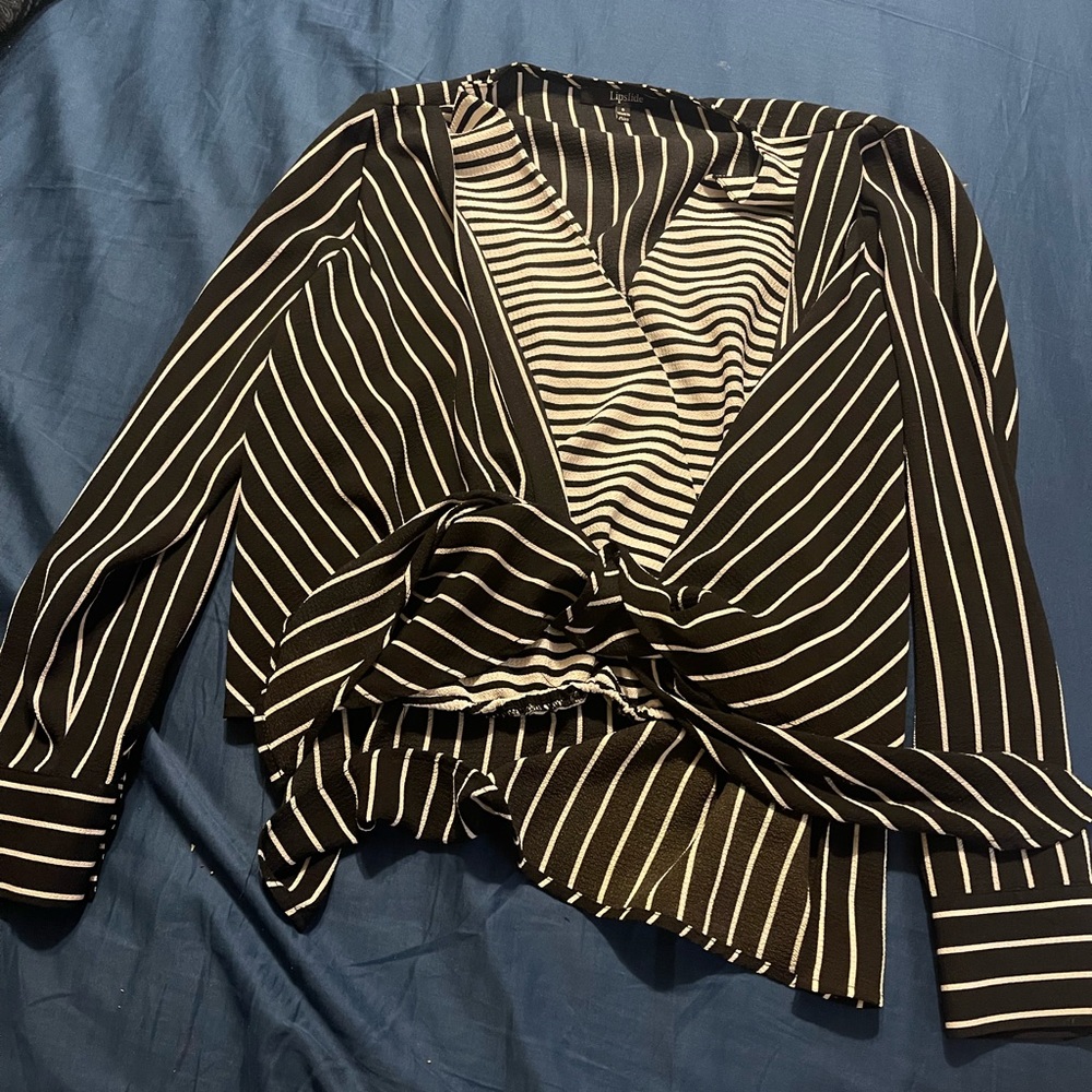 Black and white contrast striped wrap blouse
